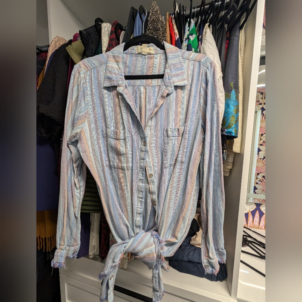 Cloth & Stone Linen Blend Vertical Stripe Raw Hem Button Front Mini Shirt Dress